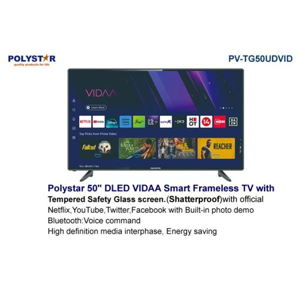 POLYSTAR 50 Inch 4K UHD Double Glass Smart TV with Voice Remote | PV-TG50UHDVID